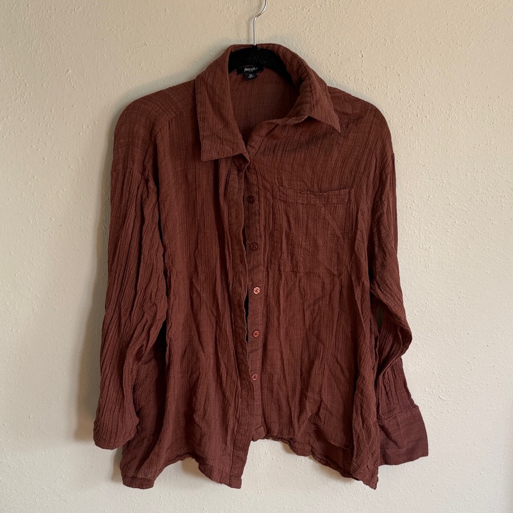 Nasty Gal Rust Brown Button-Down Crinkle Shirt